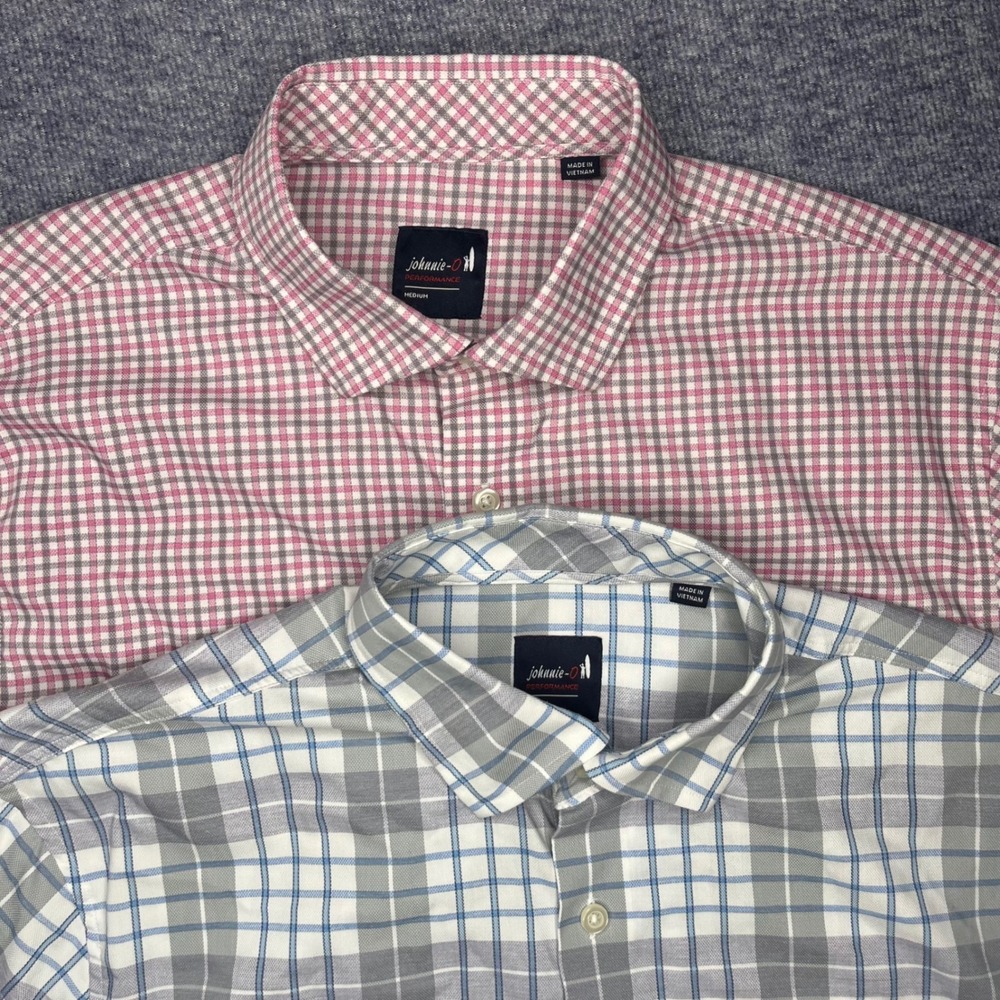 Lot of 2 Johnnie-O Performance Plaid Button Down Shirts Mens Medium Pink Blue